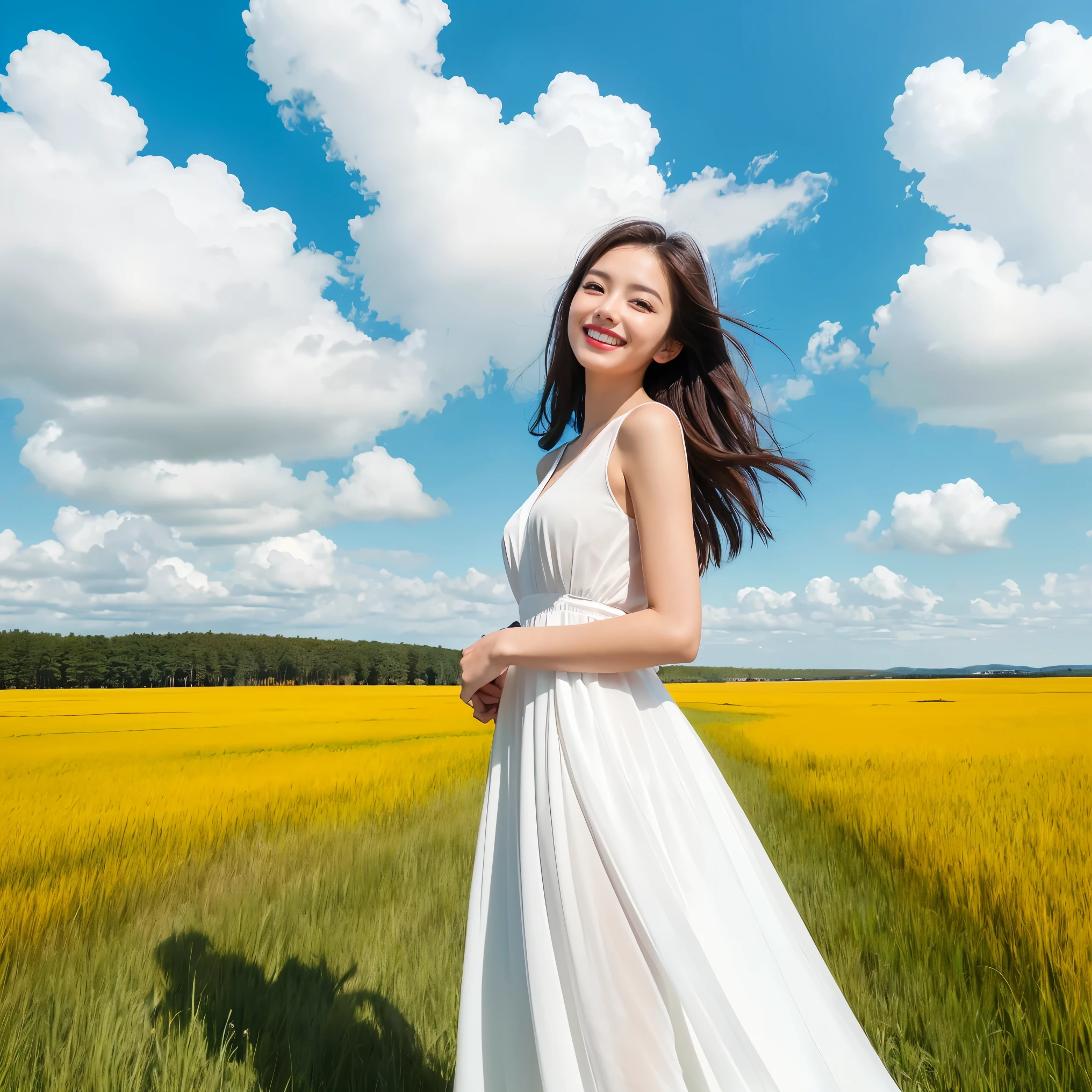 (highest quality、masterpiece、8K、Highest image quality、hyper realism、Award-winning work)、1 woman、(solo:1.1)、(1 photo:1.1)、(Draw with sharp focus using one-point perspective:1.2)、(big sky:1.2)、(vast grassland:1.1)、(Endless grassland as far as the eye can see:1.1)、(Clear, beautiful sky:1.1)、(広大なbig sky:1.1)、(beautiful clouds:1.1)、(Depicting the sky and grassland in sharp focus:1.1)、(Vast sky with dynamic focus:1.1)、(ダイナミックな焦点のvast grassland:1.1)、(horizon:1.1)、(the biggest smile when you look at me:1.1)、(full body photo:1.1)、The perfect girly white dress、Elegant and cute dress、accurate anatomy、natural makeup、(standing elegantly:1.1)、Super high-definition glossy skin、(very bright and vivid:1.1)、(Super high-definition glowing beautiful skin:1.1)、Ultra high definition glossy lips、Super high definition beautiful teeth