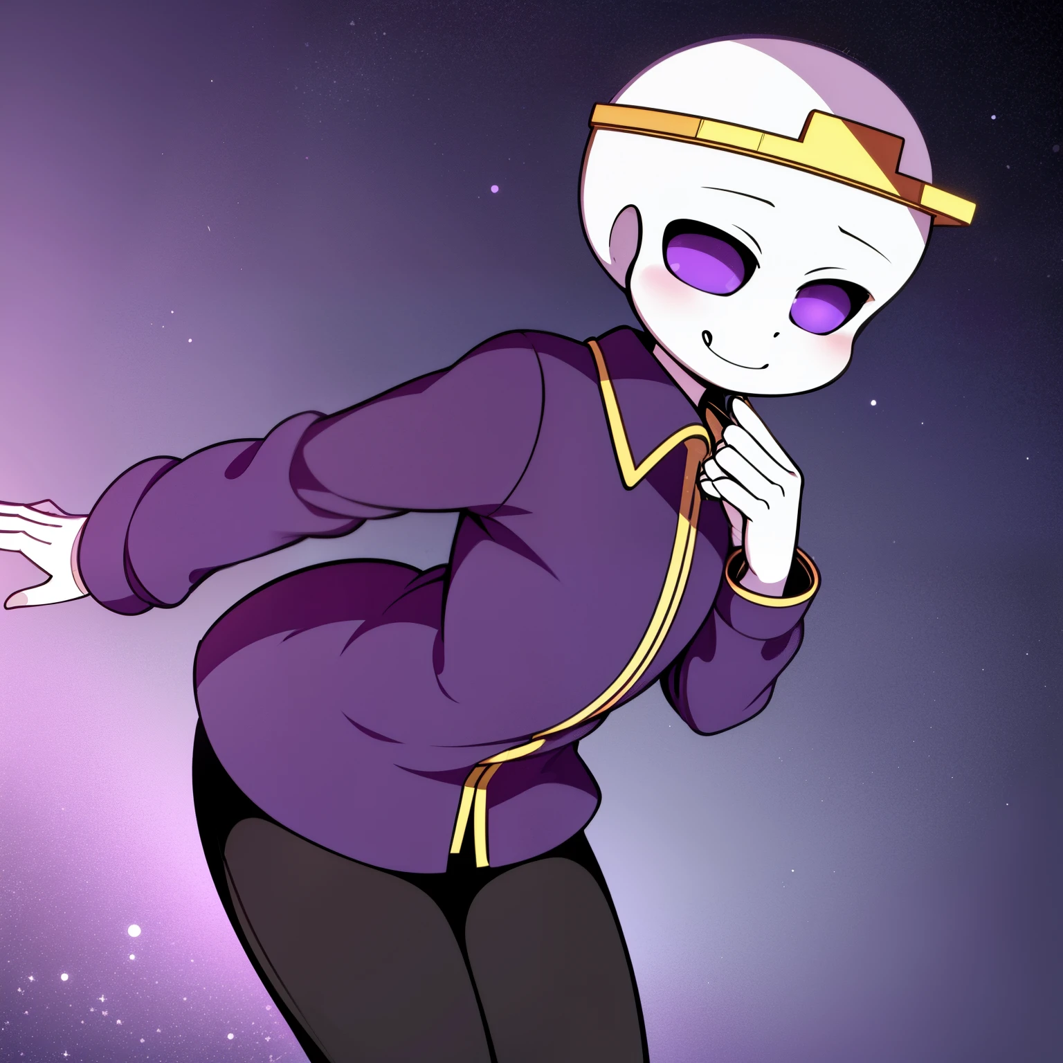 nightmare!sans, skeleton, dark purple jacket, black pants, dark purple boots, lavender pupils, smiling, golden moon crown, goldev belt has NM sign, standing still, solo, eye holes, dark eyes, cartoon, cartoon eyes, simple background