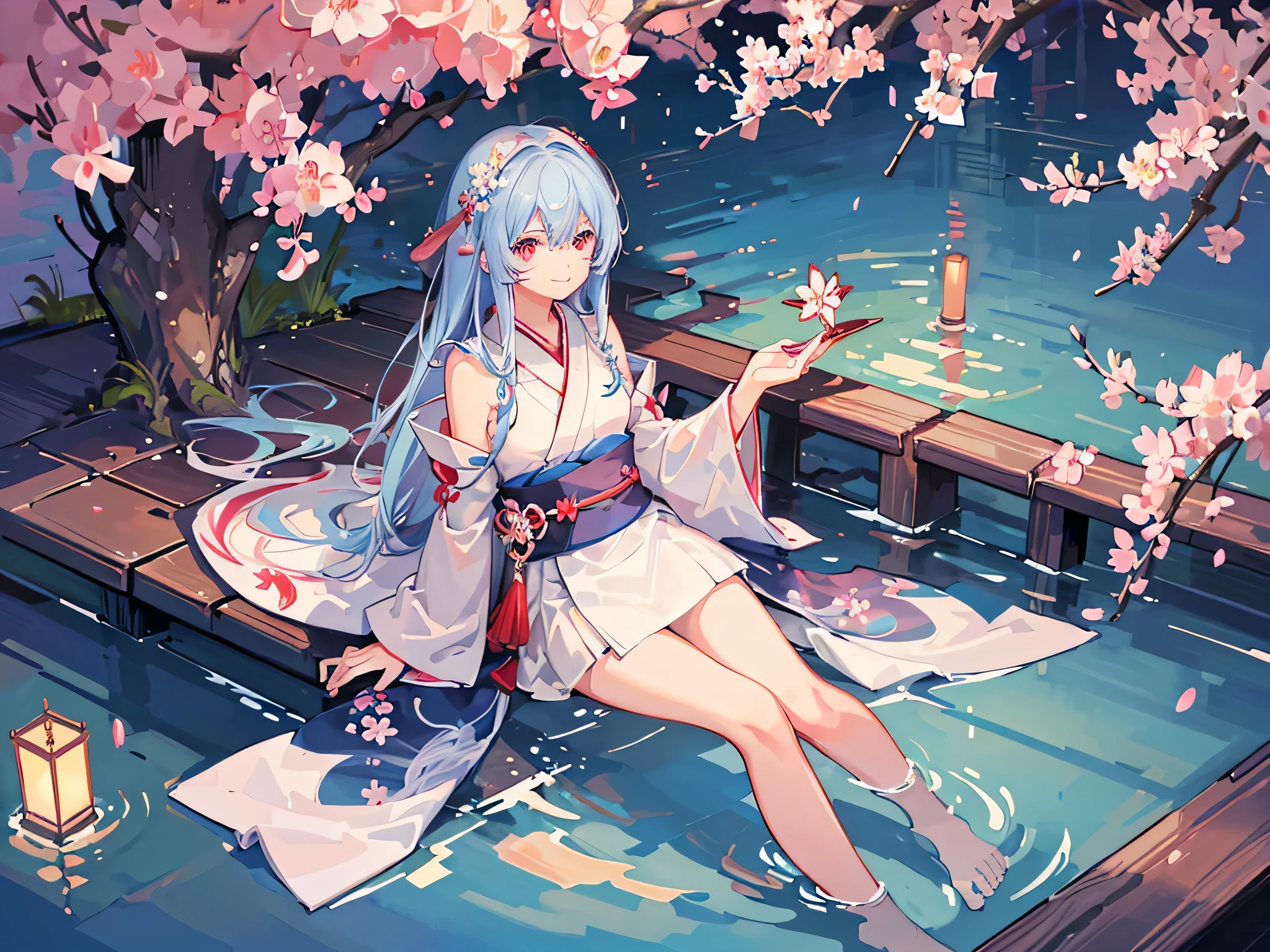(best quality, masterpiece) 1girl, skinny, light blue hair, long hair, red eyes, glowing eyes, detailed eyes, smile, Kimono, white Kimono, sitting, sakura forest, sakura, cherry blossom tree, hotspring in background, warm color pallet,