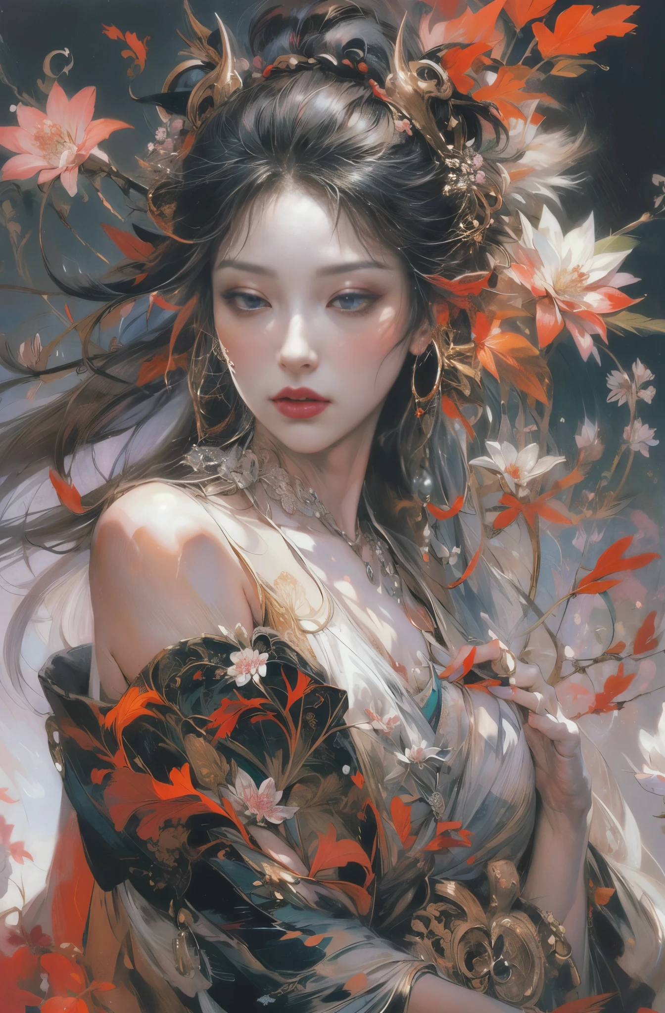 Beautiful demon painting, SakuraFubuki, Senbonzakura, Cherry blossoms scattered in the wind, Zeami, Big Yokai, Devil Charm, Queen of the Monsters, empress of fear, queen of hell, Six Paths of Reincarnation, Beauty of the Leaning Country, beautiful black haired devil, Beautiful red make-up, white face, nine tailed fox, she looks 27 years old, Dream of a butterfly, Sharp beauty, Bewitching, Chinese peony, peony, lily flower, Beautiful red kimono, Oiran, The highest ranking prostitute, Hundred flowers in abundance, flower of slaughter, Female Yakuza, ruler of the red light district, Beautiful and expressive paintings, Beautiful artwork illustration, wonderful, cool beauty, clear, Muromachi Fantasy, Mysterious, highest quality, official art, perfect composition, perfect angle, best shot, women only, sharp outline, pretty much beautiful face, very beautiful and detailed eyes, beautiful and delicate eyes, demon of kyoto, Devil Charmの主, Cold-hearted demon woman, phantom, Hyakki Night Line, Shura Road, Female Yakuza, full body tattoo, underworld, diamond, Rashomon, Gion Seisha, Snow Moon Wind Flowers, The action is permanent, Under the light of the meteor, flying flowers and fallen leaves, Dream Bubble, Close-up: Ultra-detailed paintings inspired by WLOP, art station trends, fantasy art, A complicated mess, The art of hitting, wallop art, WLOP |, wallop style, beautiful character drawings, Wlop painting style, WLOP | germ of art, Unparalleled Beauty Tumbler, figurative art, intense watercolor, watercolor detailed art, watercolor splash, surreal, avant-garde pop art, Beautiful and expressive paintings, Beautiful artwork illustration, very colorful tones, wonderful, cool beauty, masterpiece, highest quality, official art, women only, sharp outline, best shot, vector art, Written by Sandra Chevrier, dave mckean、By Richard Avedon、Written by Makiezi Kusiala, luminous design