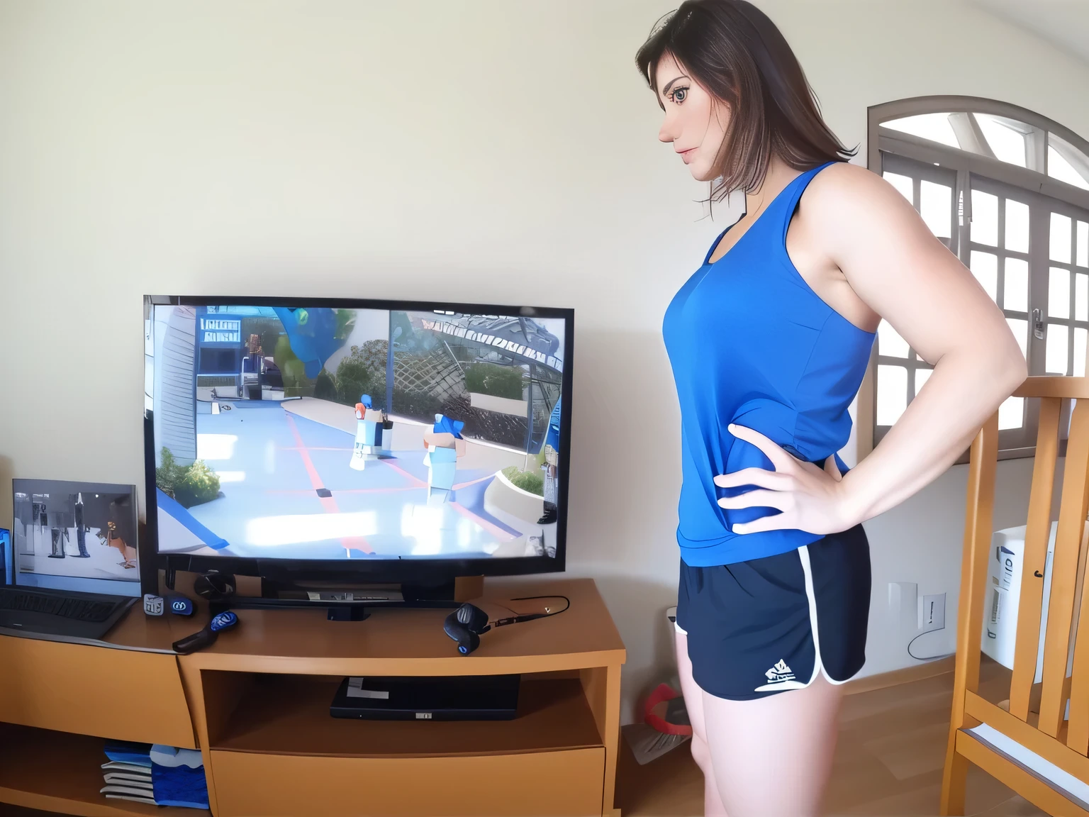 Woman in blue sports t-shirt and black short shorts, holding a bottle of water, profile photo, using gym equipment, fitness body. Full body photo in high resolution and high quality, 8k.