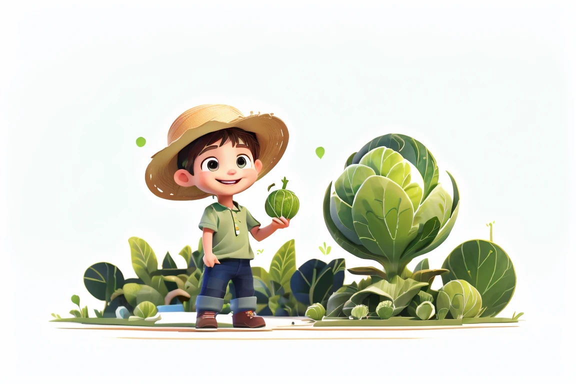 a ，wearing a straw hat，In a cabbage field，A large cabbage in his hand，happy smile，Fresh green tones，white background。