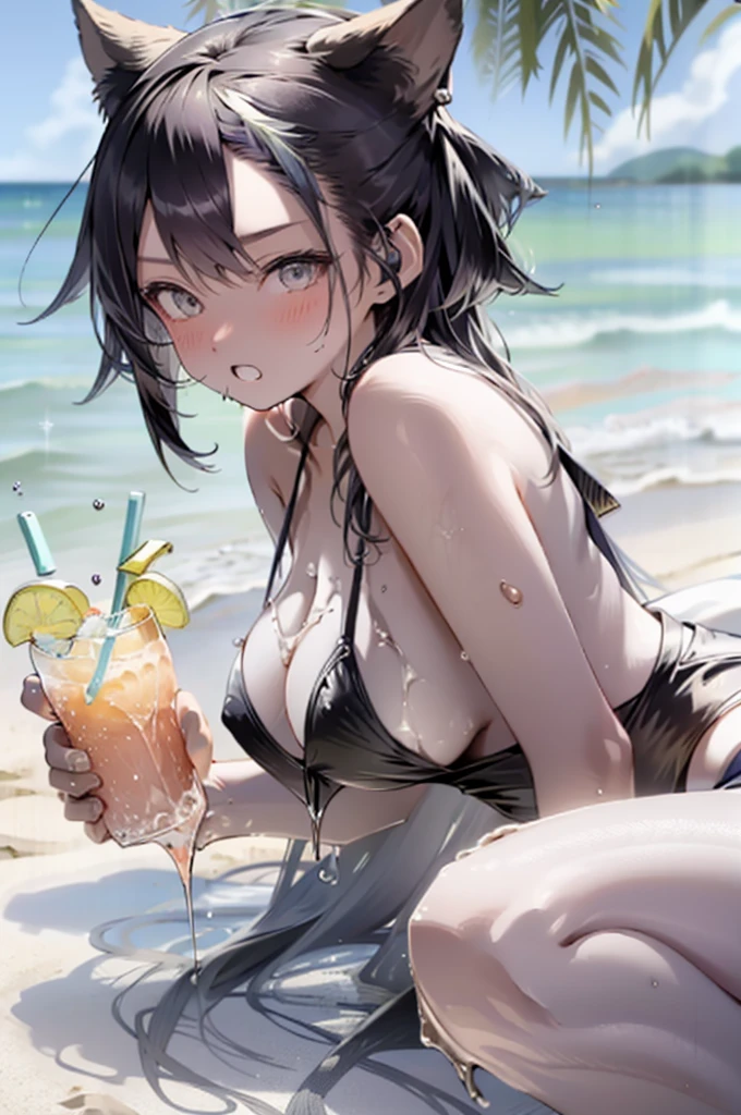 girl、swimsuit、Ocean、summer、sun、beach、scattered hair、青色のソーダを飲むgirl、Oceanみたいな色のジュース、Drink a drink through a straw、Vanilla ice cream on top of juice、Clear drinks