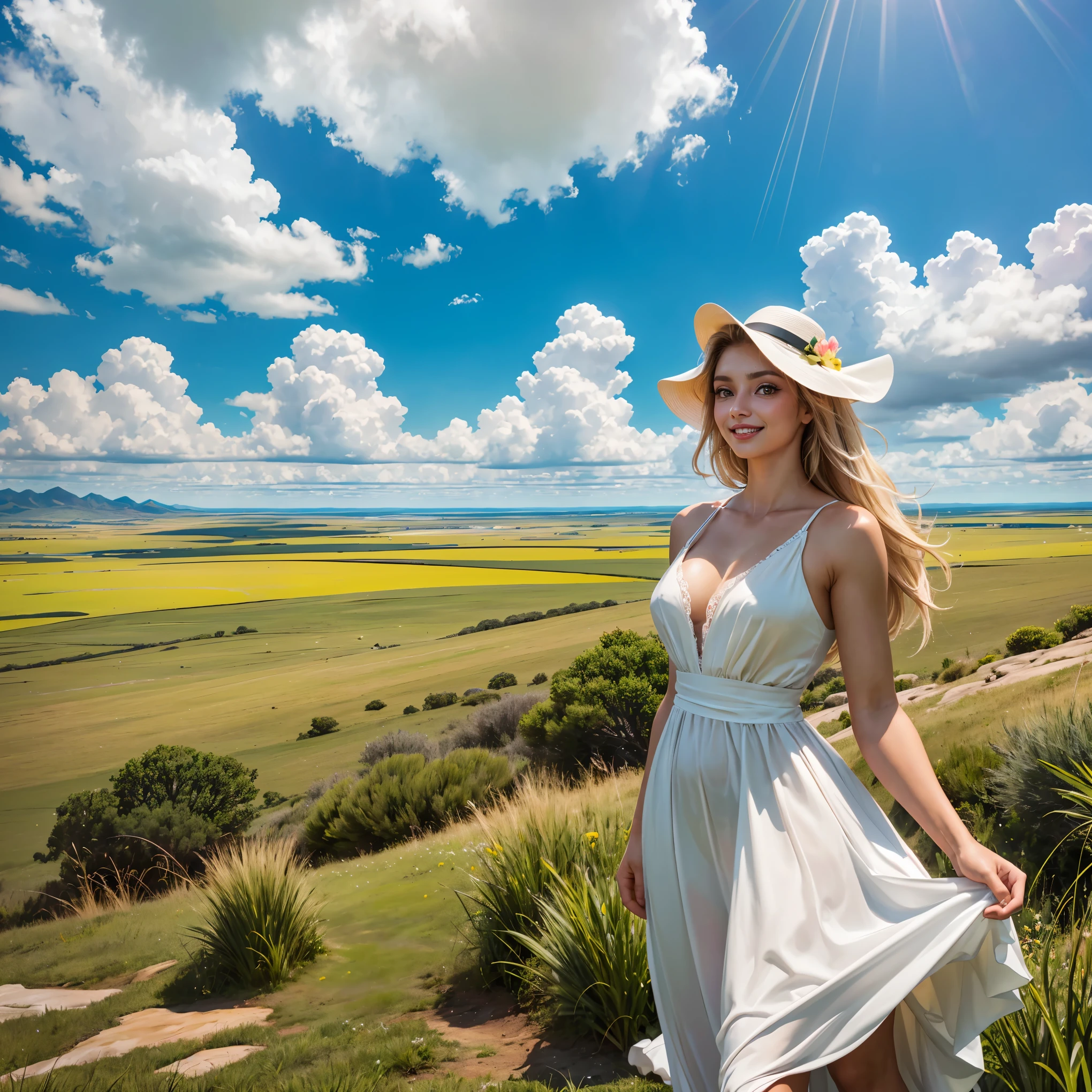 (highest quality、masterpiece、8K、Highest image quality、hyper realism、Award-winning work)、1 woman、(solo:1.1)、(1 photo:1.1)、(big sky:1.2)、(vast grassland:1.1)、(Endless grassland as far as the eye can see:1.1)、(Clear, beautiful sky:1.1)、(広大なbig sky:1.1)、(beautiful clouds:1.1)、(Depicting the sky and grassland in sharp focus:1.1)、(Vast sky with dynamic focus:1.1)、(ダイナミックな焦点のvast grassland:1.1)、(horizon:1.1)、(the biggest smile when you look at me:1.1)、The perfect girly white dress、Elegant and cute dress、accurate ???????、natural makeup、standing elegantly、Super high-definition glossy skin、(very bright and vivid:1.1)、(Super high-definition glowing beautiful skin:1.1)、Ultra high definition glossy lips、Super high definition beautiful teeth