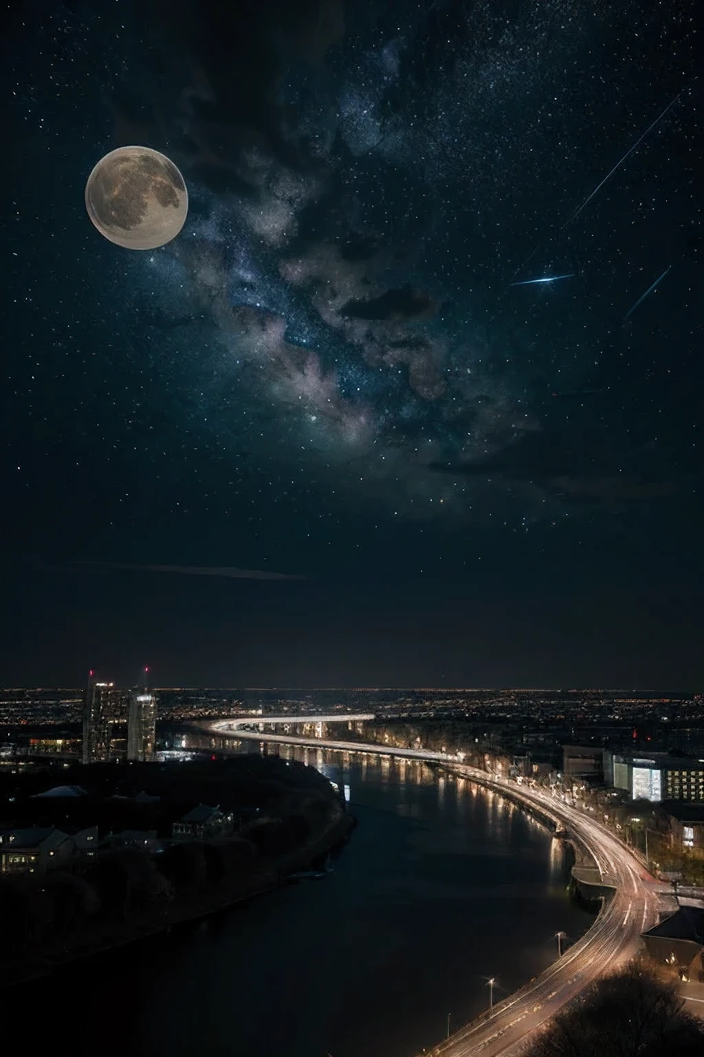 A highly condensed beauty dressed in a painting of stars and moons in the river and sky, concept art inspired by Tosa Mitsuoki, pixiv competition winner, best quality, fantasy art, beautiful anime scenes, a round of bright moon, starry sky environment in the moonlight, dream painting, anime background art, dream landscape art, fantastic night, anime background, background artwork, fantastic art, atmospheric anime, starry sky, detail enhancement.  