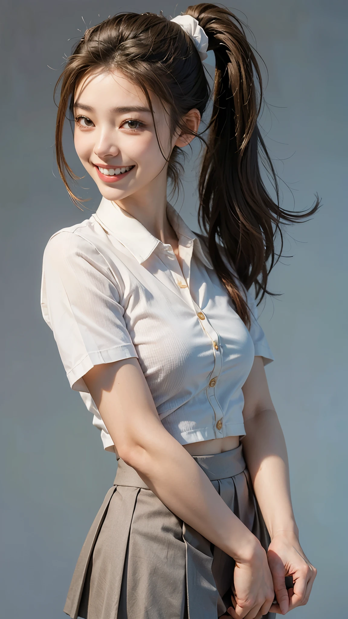 highest quality, masterpiece, ultra high resolution, (realistic:1.4), (front portrait) Raw photo, 1 girl, 20-year-old,((Flared miniskirt uniform)),((ponytail and hair tie)),realistic,((Simple solid color background)), Pi,((toothy smile)),