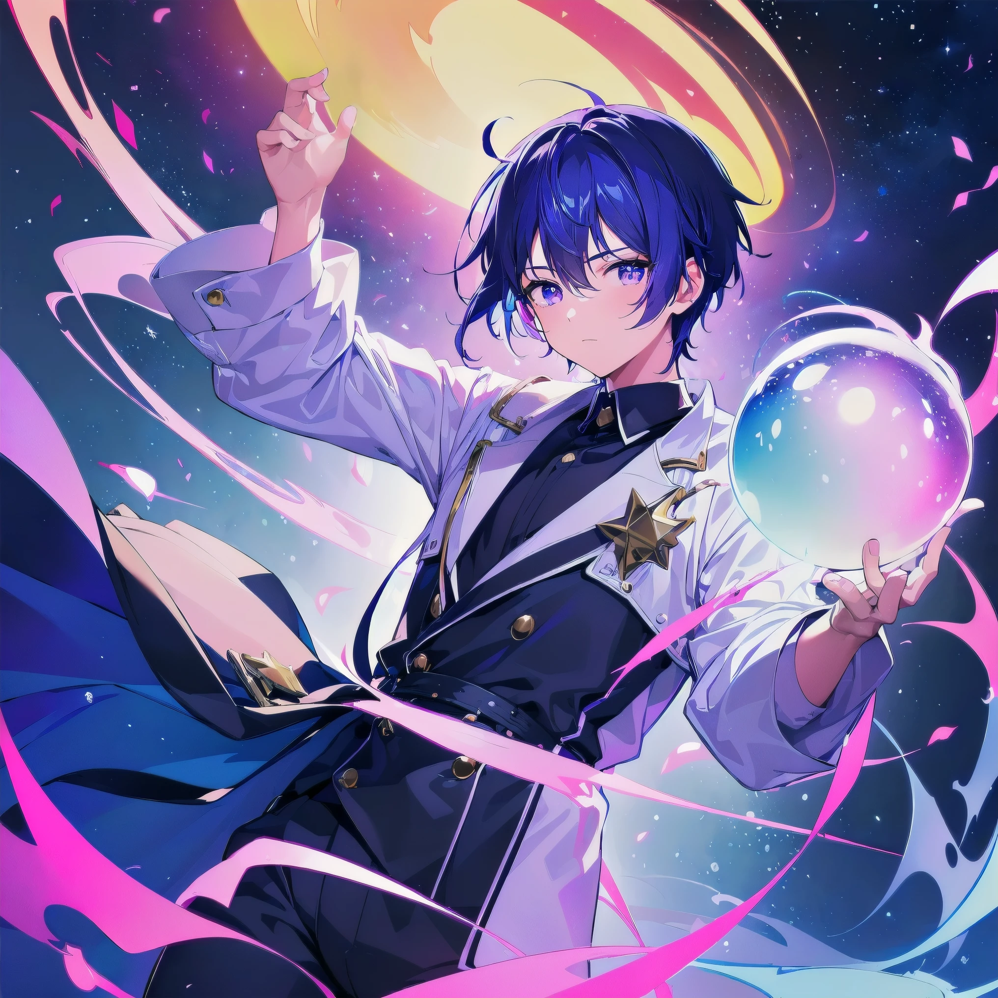 ((((masterpiece)))), high quality, very_high_resolution, large_filesize, full or, ((younger boy)), 13 old year, short deepblue hair, vivid or, purple eye, civilian clothes white, Night, ((Sparkling Sphere)), ((Galaxy Neon Soda)), ((falling star)), ((awakening)), anime