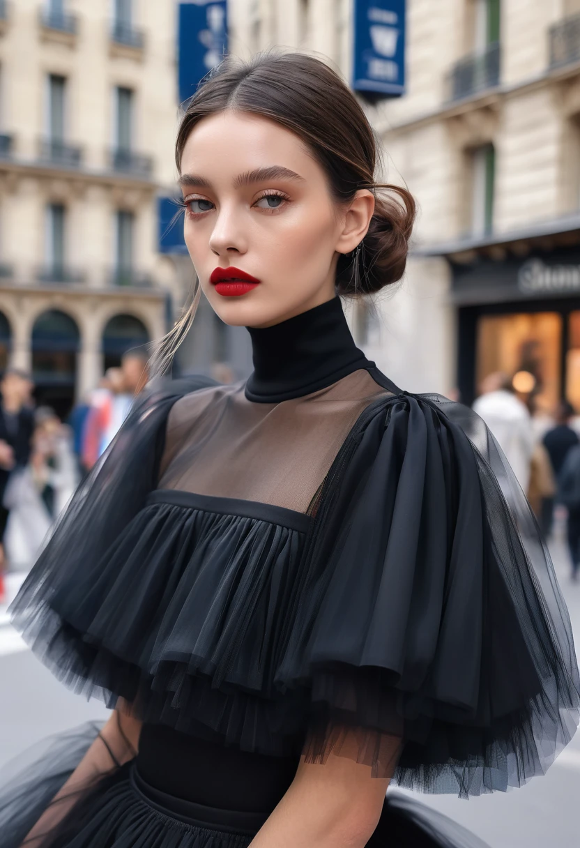 (((Masterpiece))), (Top Quality)), (((Super Detail))), Professional, Paris Collection, Fashion Week, Street Snapshot , Full Length, French Model, Full lips, Small nose, Tall and thin, Wearing a very voluminous blouson with multiple layers of black tulle, Large sleeves, and a long black voluminous tulle skirt, Art Station, Super Realistic, Realistic, Full Color blouson, geometric transitions, large sleeves, large body, wearing long voluminous black tulle skirt, art station, ultra realistic, realistic, full color