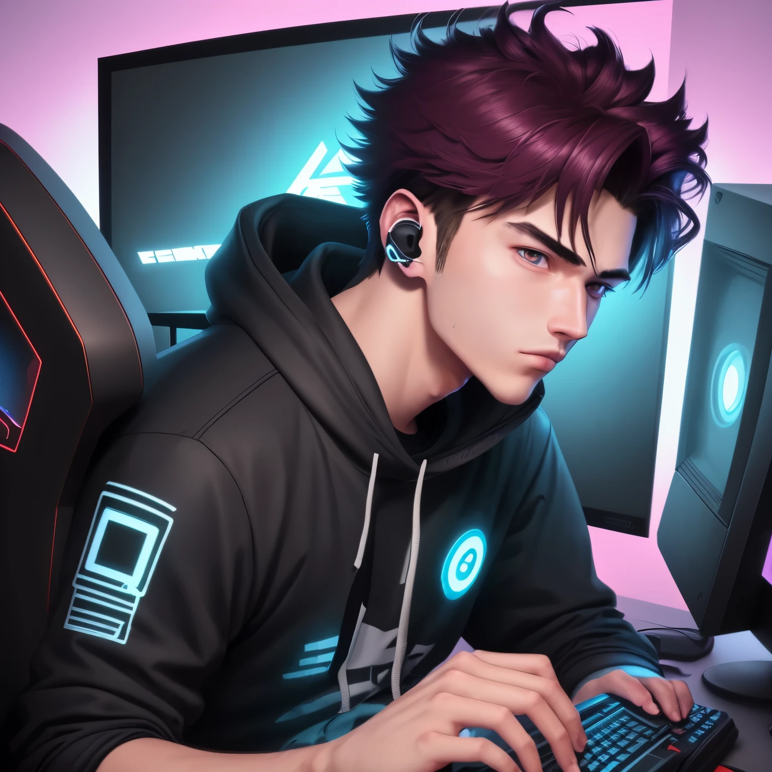 a man, 20 years old, gamer, streamer, he's using a headset, pov, 1990 anime style, high quality, 8k, vibrant colors frontal view smart look