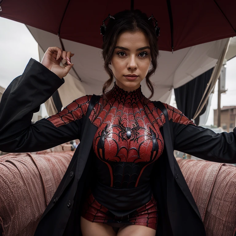 A spider girl and here spider girl dress are cuted and here nipple are visibile