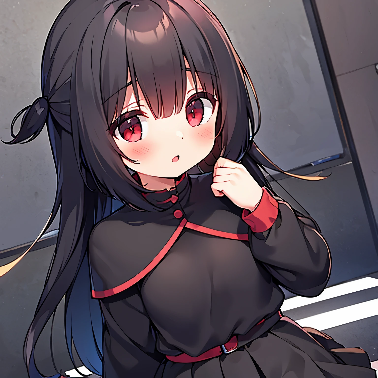 A girl with black hair and red eyes wearing a black skirt