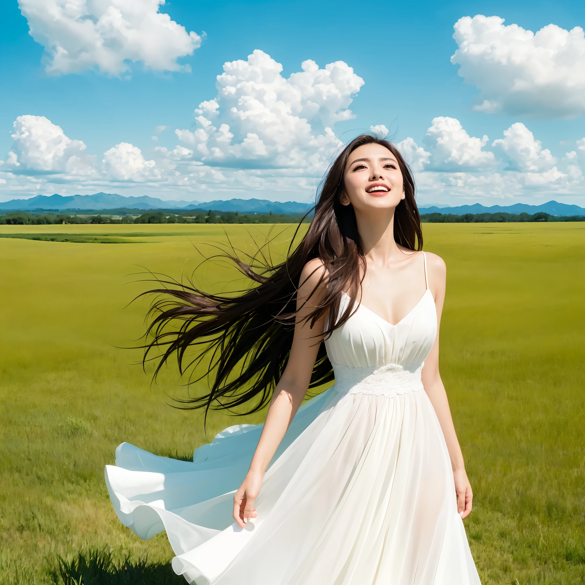 (highest quality、masterpiece、8K、Highest image quality、hyper realism、Award-winning work)、1 woman、(solo:1.1)、(1 photo:1.1)、(vast grassland:1.1)、(Endless grassland as far as the eye can see:1.1)、(Clear, beautiful sky:1.1)、(Vast big sky:1.1)、(beautiful clouds:1.1)、(Depicting the sky and grassland in sharp focus:1.1)、(Vast sky with dynamic focus:1.1)、(ダイナミックな焦点のvast grassland:1.1)、(horizon:1.1)、the biggest smile when you look at me、The perfect girly white dress、Elegant and cute dress、accurate anatomy、natural makeup、standing elegantly、Super high-definition glossy skin、(very bright and vivid:1.1)、(Super high-definition glowing beautiful skin:1.1)、Ultra high definition glossy lips、Super high definition beautiful teeth