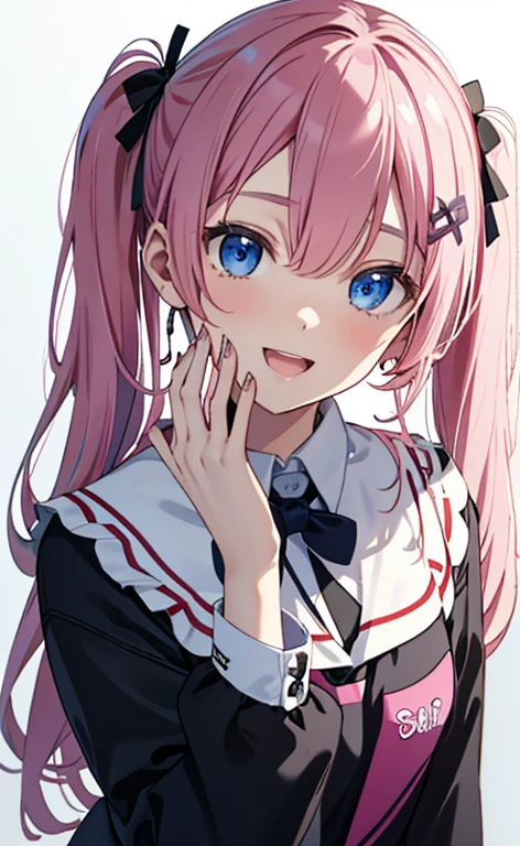 (masterpiece、top-quality、8k size wallpaper、offcial art)、(face focus:1.6,portrait,upper body:1.6)、(1girl),(Open your mouth wide and laugh happily),cute face,blue eyes、twintails、
,(stand),
,(y body),(school uniform),(long fluorescence pink hair1.3), (small bre、fluorescence、classroom,JK、