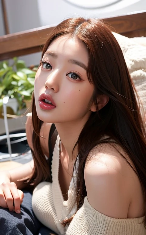 (realistic:1.5), NSFW, masterpiece, ultra high resolution, very detailed, Korean woman, amazing, in detail, huge file size,  jwy2, portrait, Model, young, Off shoulder top, kneeling, on the bed, Mouth open and tongue sticking out, Detailed tooth representation, detailed tongue expressions, elongated tongue tip, Clothes are falling down and shoulders are visible, gaze looking up at the viewer, Detailed eye expression, cleavage exposed, Underwear exposure, Face angle with chin lifted and looking upward