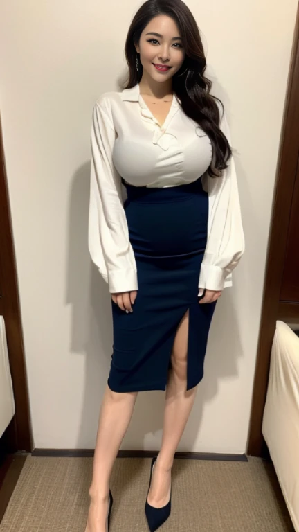 (Best Quality, Masterpiece, Photo realistic, Ultra Detailed, ultra high res, raw:1.3), (2girls:1.3), beautiful, Japanese, mature, 28yo, office workers, (turtle neck knit, pencil skirt), ({gold| silver| wine red| blue| navy| pink} clothes:1.3), (smile), long hair, bangs, high-waist, necklace, (at IT office), (long legs, high heels, full body:1.2), (gigantic breasts bigger than her face:1.3), (crowd)