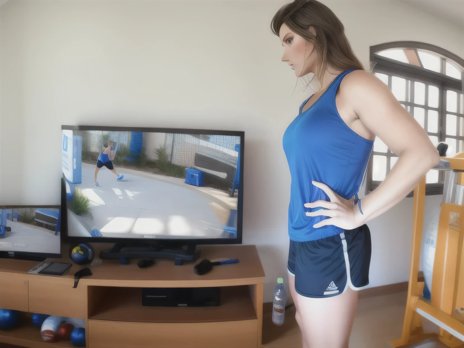 Woman in blue sports t-shirt and black short shorts, holding a bottle of water, profile photo, using gym equipment, fitness body. Full body photo in high resolution and high quality, 8k.