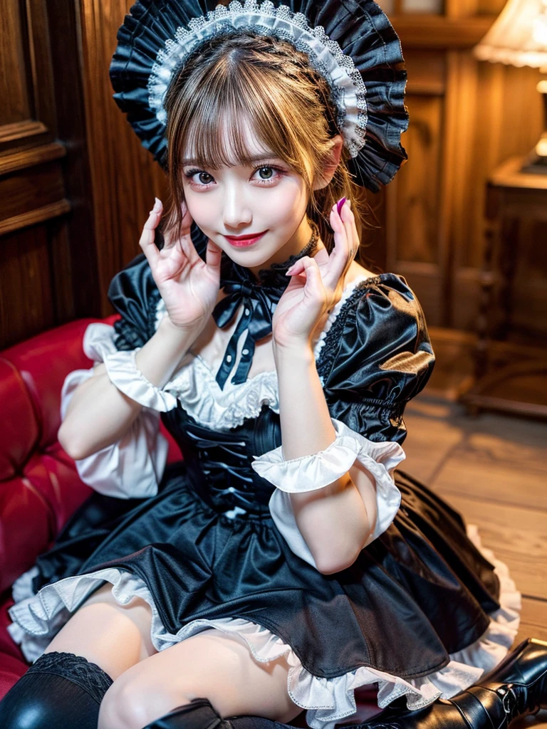 (8K, Photorealistic, Raw photo, of the highest quality: 1.3), (1girl in), Super beautiful, (Realistic face), (boyish, Silver Color Berry Shorthair), Beautiful , Glare that captivates the viewer, Beautiful expression, Beautiful breasts, (Realistic skin), Be...Super high quality, super high definition, super detailed, masterpiece, 20years old, female, cute, perfect face, beautiful, nice body, gothic ta clothes, gothic loliashion, frilly skirt, headdress, necklace, bracelet, knee-high socks, boots, double eyelids, tear bags, Detailed down to the fingers, photo-like description, indoors, dim indoor lighting, blonde hair,semi long straight hair , standing, whole body, composition that shows the whole body, smiling, cute posing,Optimal ratio of 4 fingers and 1 thumb