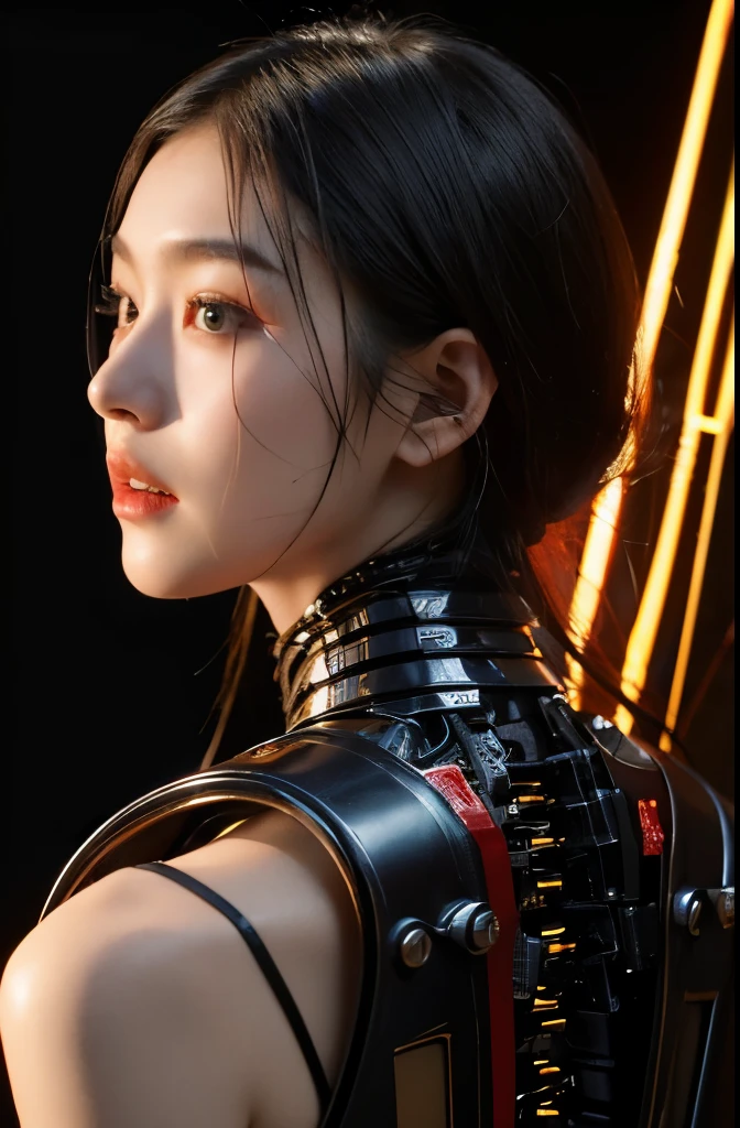 top quality, masterpiece, ultra high resolution, (lifelike: 1.4), original photo, 1 cyberpunk girl, black hair, shiny skin, 1 Mechanical Girl, (超lifelike细节)), whole body, global illumination, Compared, shadow, octane rendering, 8K, Super sharp, Cleavage exposure, rawhide, Metal, intricate decorative details, Japan details, very intricate details, lifelike光线, CG trends, face camera, Neon details, mechanical limbs, blood vessels connected to tubes, Mechanical vertebrae attached to the back, Cervical spine mechanical fixation in the neck, Wires and cables connected to the head, Gundam, small LED light.