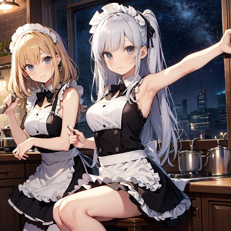 A group of maids, (in kitchen), various hair styles, harem, wearing maid uniform, night, details face, , short skirt, seducing, sleeveless , night, starry night, armpits 