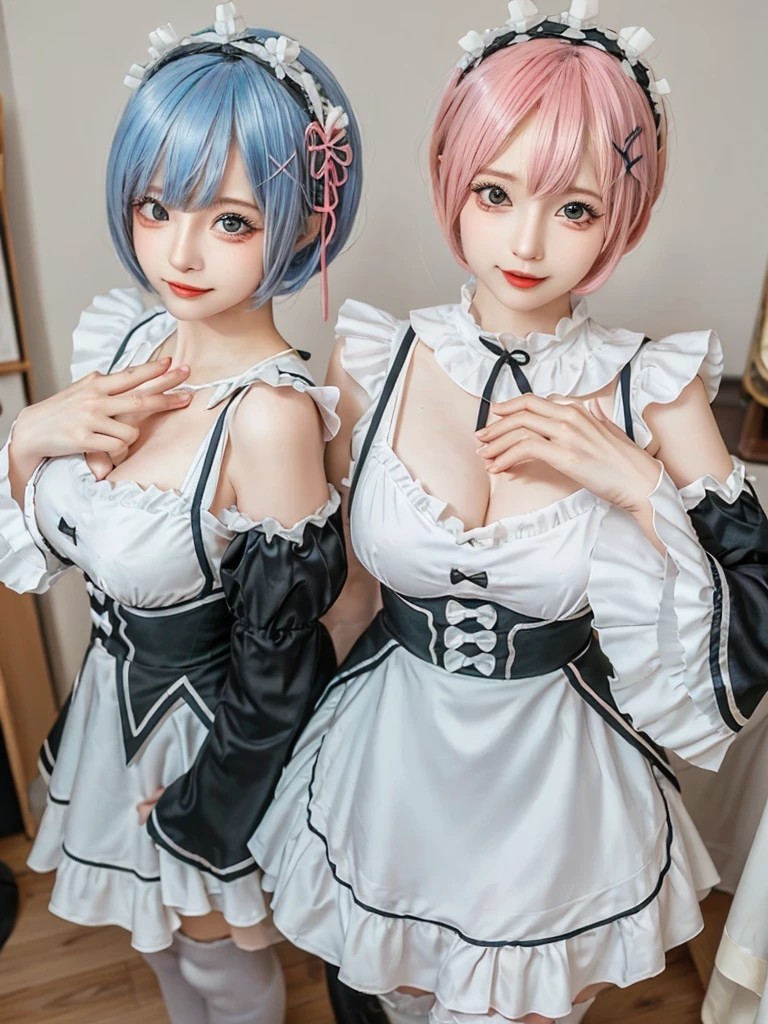 (8K, Photorealistic, Raw photo, of the highest quality: 1.3), (1girl in), Super beautiful, (Realistic face), (boyish, pink Color Berry Shorthair), Beautiful , Glare that captivates the viewer, Beautiful expression, Beautiful breasts, (Realistic skin), Be...Create a detailed and colorful image of Ram and Rem from Re:Zero, standing back-to-back in their maid outfits, with a magical fantasy background、14years old, two girls,cute, perfect face, beautiful, nice body, gothic lolita clothes, gothic lolita fashion, frilly skirt, headdress, necklace, bracelet, knee-high socks, boots, double eyelids, tear bags, Detailed down to the fingers, photo-like description, indoors, dim indoor lighting, one girl is pink hair and short bob, another girl is light blue hair and short bob,standing, sexy posing,whole body, composition that shows the whole body, smiling,The Both of them are wearing the same type of maid outfit,Optimal ratio of 4 fingers and 1 thumb