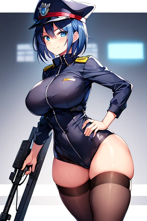 1girl, police hat, policewoman, police uniform, police, light skin, light-skinned female, smile, smirk, smuh, very short hair, large breasts, breasts, wide hips, thick thighs, hourglass figure, mature female, toned, toned female, blue hair, blue eyes, bodysuit, futuristic, science-fiction, tech, machinery, black pantyhose, pantyhose, white bodysuit