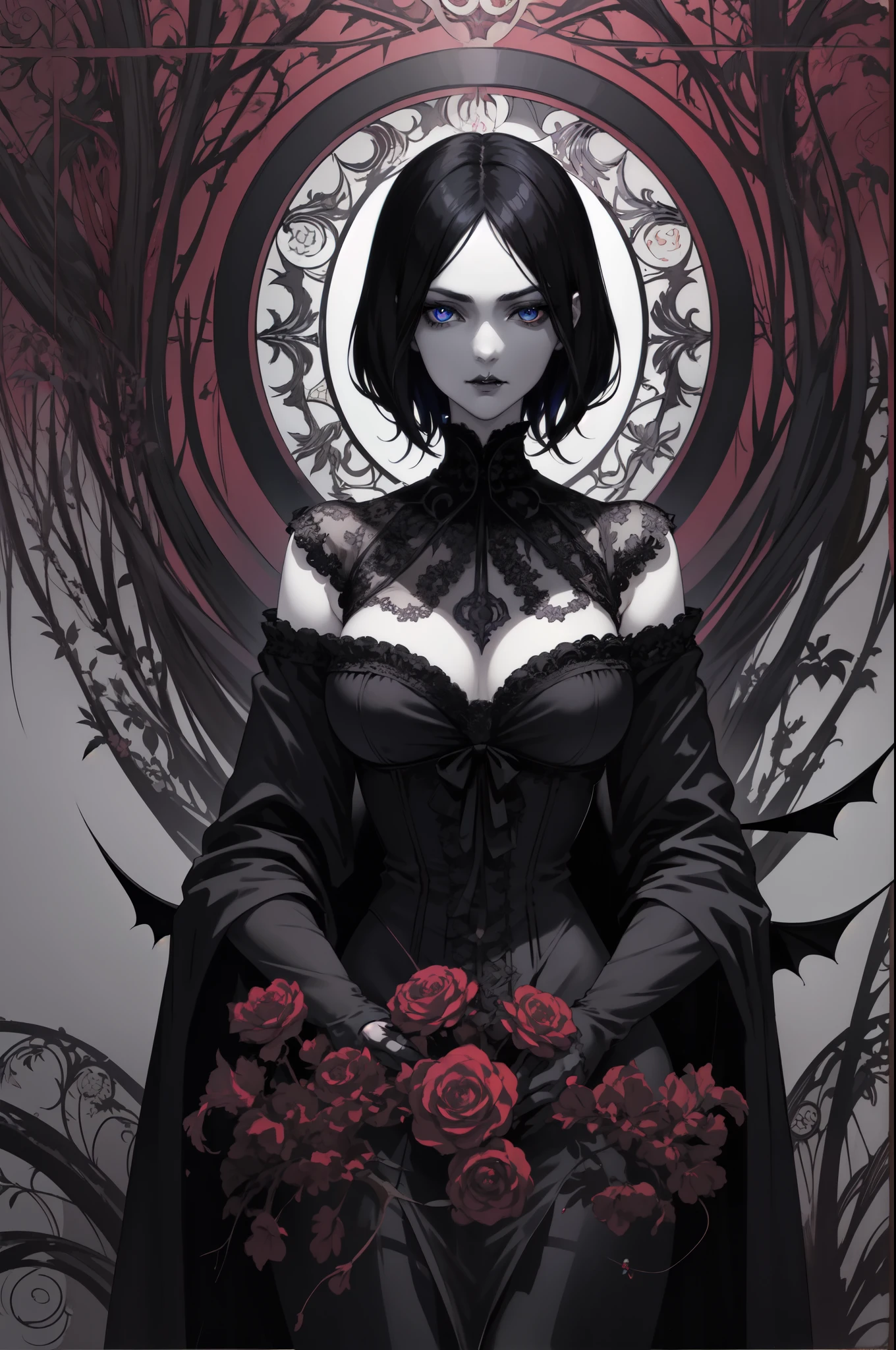 Basic Art Nouveau style，Black hair blue eyes vampire woman，short hair，（upper body portrait），young，(((oval face)))，dark clothes，Soft and melancholy face，Exquisite，No wrinkles，gothic style，A mix of synthwave and art nouveau，Bold and smooth lines，Dynamic composition of organic Art Nouveau patterns，Intricate roses and patterns intertwined with geometric shapes，Characters that embody vampires，Mysterious gothic atmosphere，Feminine but calm expression，Art Nouveau patterned robe，Digital grid landscape featuring natural forms，Neon-like outline effect reminiscent of stained glass，White background，high contrast，Easy to color，Visual clarity，French Art Nouveau，80s vaporwave art style。Maximum detail，