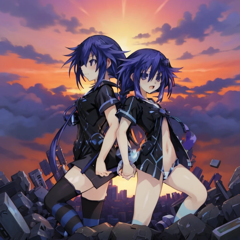 2girls, Kurome Ankokuboshi, Neptune, Neptunia, Zerodimension, anime, blue hair, black clothes, pose, ruined city, purple and red sky, pink hair, white clothes.