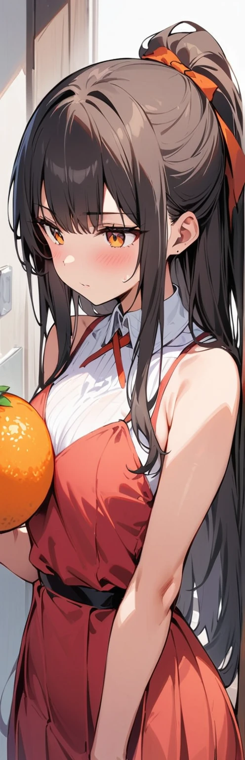 (masterpiece, best quality:1.2), 1 girl, alone,permanent_,
Mandarin oranges, long hair,Black无袖短背心,pink skirt,Black