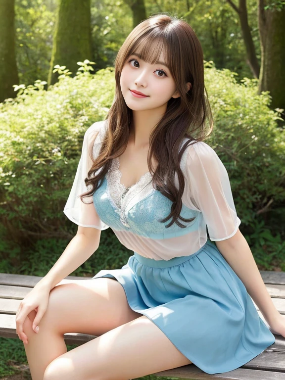 one woman、japanese woman、26Old beauty、professional lighting、medium long hair、brunette colored hair、brook in the forest、Sheer lace slip、Pastel blue lace underwear、A light-colored, sheer miniskirt、High resolution、gentle expression、fascinating eyes、no makeup、smile like an idol、loose lips、catch light、hair fluttering in the wind、rather large breasts、Beautiful legs extending from the skirt、Show from skirt to knee、Using a reflector to illuminate the face、sitting on the bench、look at camera