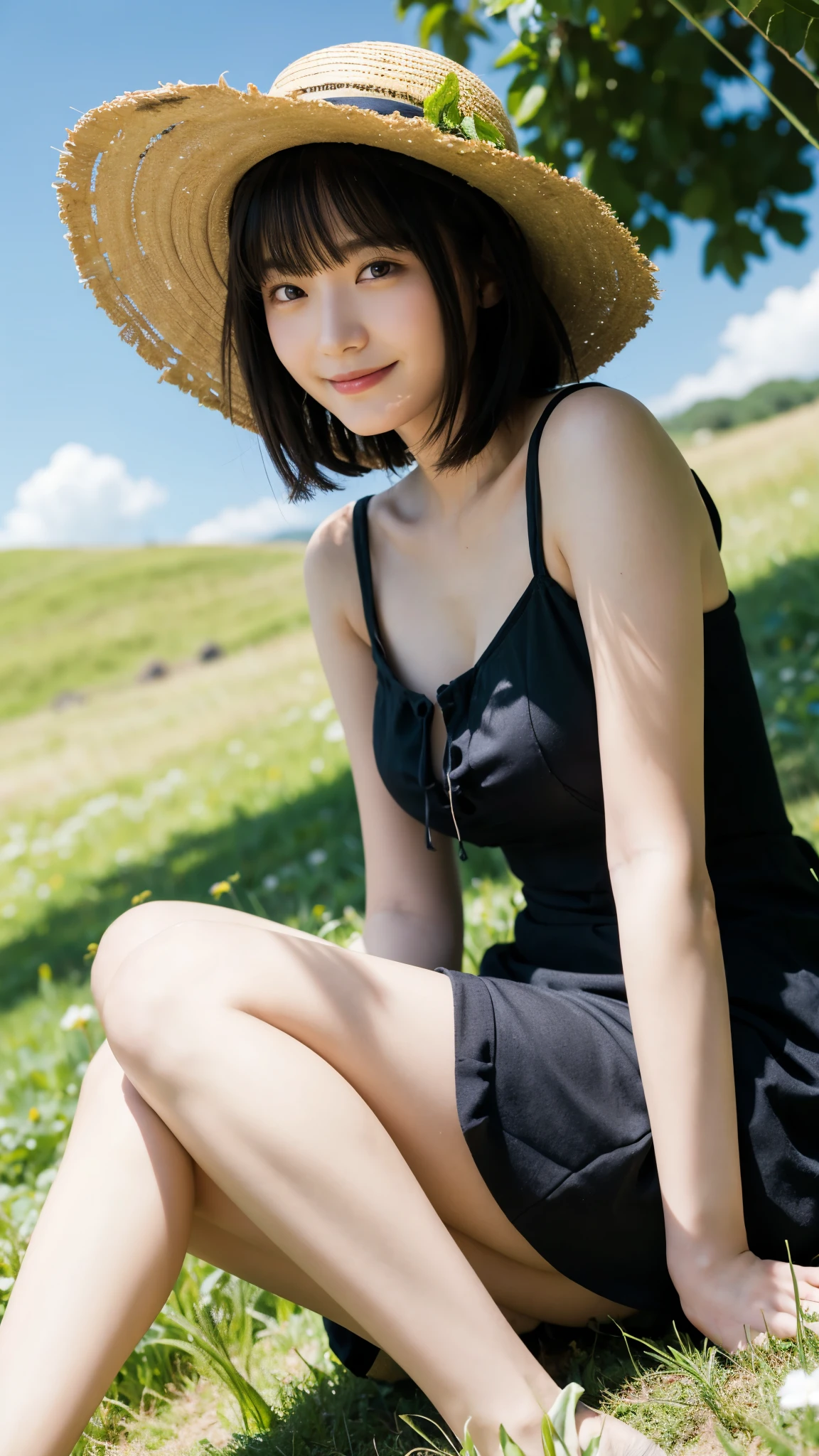 (highest quality,masterpiece:1.3,ultra high resolution),(Super detailed,caustics,8k),(photorealistic:1.4,RAW shooting),18-year-old,cute,Japanese,straw hat,Black Hair Middle Hair,(one piece),(smile),looking at the camera,blue sky,sun,(top of the hill),(Tall green grassland:1.1),(sitting in the grass),(ground level shot:1.1),(shot from the waist up),(low position:1.1),(Low - Angle:1.1),Natural light
