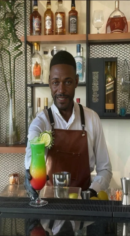 homem arafiado de avental segurando uma bebida em um bar, bartender, misturando bebidas, inspired by Theo Constanté, inspired by François Bocion, taken at the beginning of 2020, bebendo coquetel, Cocktail bar, george pemba, por David Rubin, visual deslumbrante, com uma bebida, no estilo de Davey Adesida