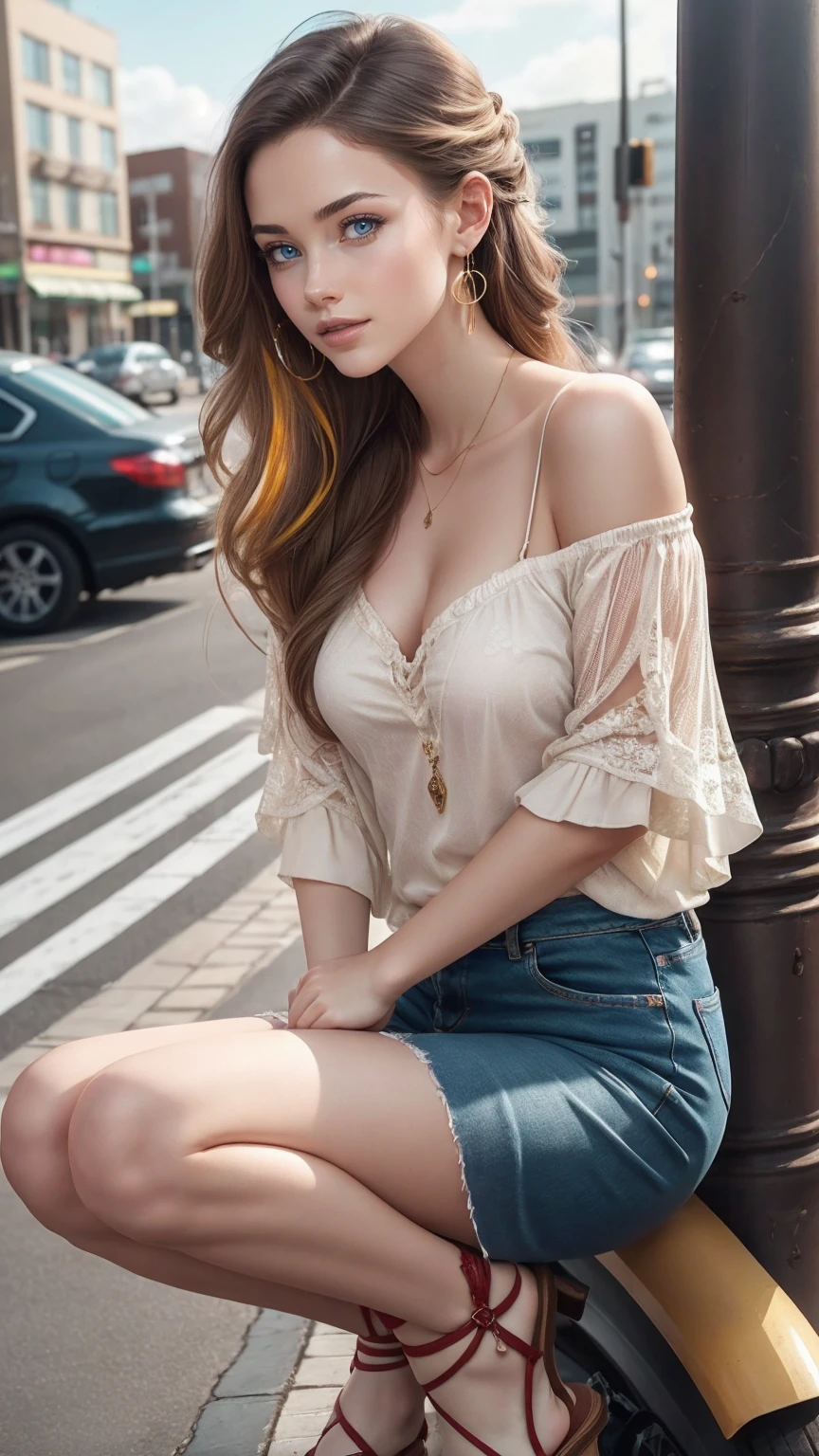 (最high quality, 8K, masterpiece: 1.3, Ultra HD, high quality, 最high quality, High resolution, realism)) 、25 year old white woman、brunette、blue eyes、long hair、smile、slender、slenderだがアスリートのような細マッチョ、I don't want my head to disappear from the screen.、Wear accessories on your wrist、Wearing red nail polish、I have a peticure、Wear a sheer, off-the-shoulder bodycon top、wear sandals、have a clutch bag、Skyscraper background、Waiting for a traffic light at an intersection、crystal earrings((crystal earrings))、inner color((colored inner hair))、long hair ((long hair))、Undercut Hair((undercut))、dark blonde、Triple tail((tri tails)))