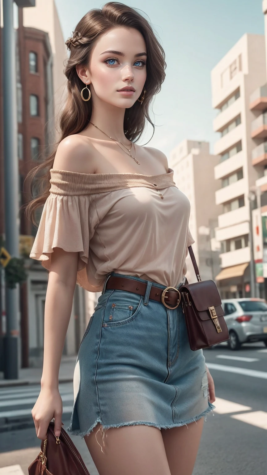 (最high quality, 8K, masterpiece: 1.3, Ultra HD, high quality, 最high quality, High resolution, realism)) 、25 year old white woman、brunette、blue eyes、long hair、smile、slender、slenderだがアスリートのような細マッチョ、I don&#39;t want my head to disappear from the screen.、Wear accessories on your wrist、Wearing red nail polish、I have a peticure、Wear a sheer, off-the-shoulder bodycon top、wear sandals、have a clutch bag、Skyscraper background、Waiting for a traffic light at an intersection、crystal earrings((crystal earrings))、inner color((colored inner hair))、long hair ((long hair))、Undercut Hair((undercut))、dark blonde、Triple tail((tri tails)))