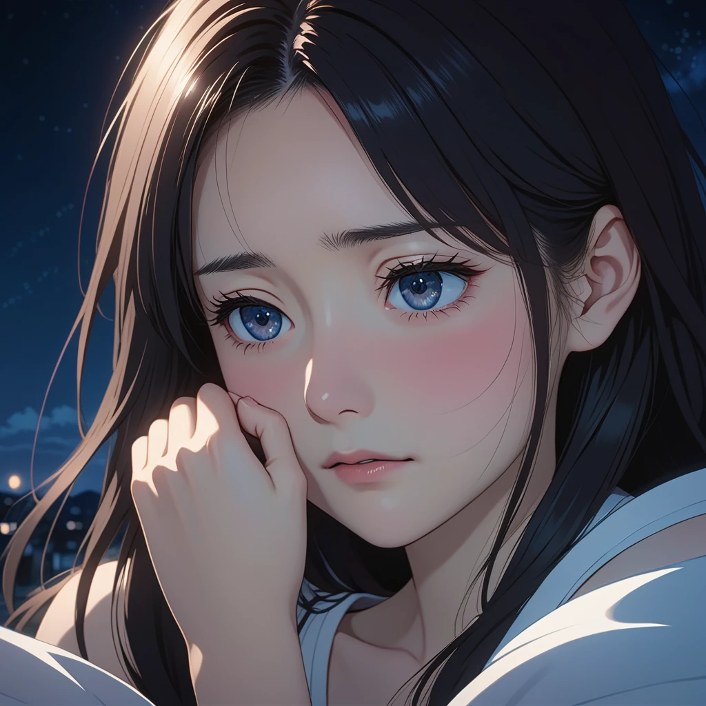 masterpiece, High resolution, illustration, kyoto animation style, Your name is cinematic style, night, midnight, Light, (1 female: 1.3), (alone: 1.4), long eyelashes, long hair, nose blushing, futon, crying, naked, face close-up, Hide with hands , Hide with hands,