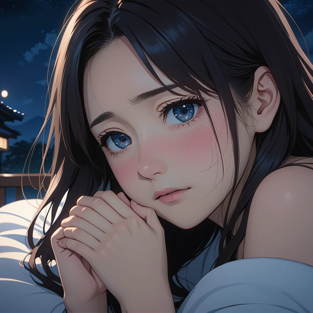 masterpiece, High resolution, illustration, kyoto animation style, Your name is cinematic style, night, midnight, Light, (1 female: 1.3), (alone: 1.4), long eyelashes, long hair, nose blushing, futon, sad, naked, face close-up, Hide with hands , Hide with hands,