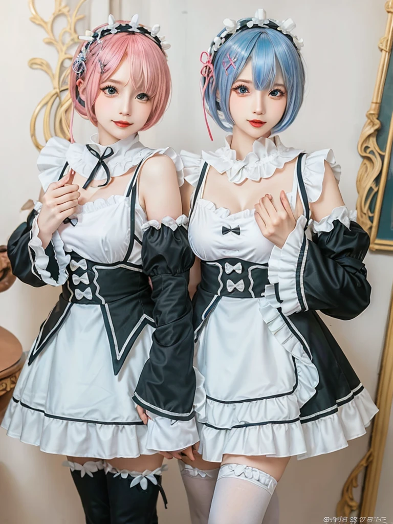 (8K, Photorealistic, Raw photo, of the highest quality: 1.3), (1girl in), Super beautiful, (Realistic face), (boyish, pink Color Berry Shorthair), Beautiful , Glare that captivates the viewer, Beautiful expression, Beautiful breasts, (Realistic skin), Be...Create a detailed and colorful image of Ram and Rem from Re:Zero, standing back-to-back in their maid outfits, with a magical fantasy background、14years old, two girls,cute, perfect face, beautiful, nice body, gothic lolita clothes, gothic lolita fashion, frilly skirt, headdress, necklace, bracelet, knee-high socks, boots, double eyelids, tear bags, Detailed down to the fingers, photo-like description, indoors, dim indoor lighting, one girl is pink hair and short bob, another girl is light blue hair and short bob,standing, sexy posing,whole body, composition that shows the whole body, smiling,The Both of them are wearing the same type of maid outfit,Optimal ratio of 4 fingers and 1 thumb