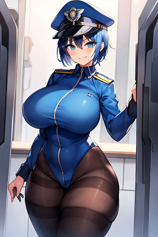 1girl, police hat, policewoman, police uniform, police, smile, smirk, smug, very short hair, large breasts, breasts, wide hips, thick thighs, hourglass figure, blue hair, blue eyes, bodysuit, futuristic, science-fiction, tech, machinery, black pantyhose, pantyhose, white bodysuit