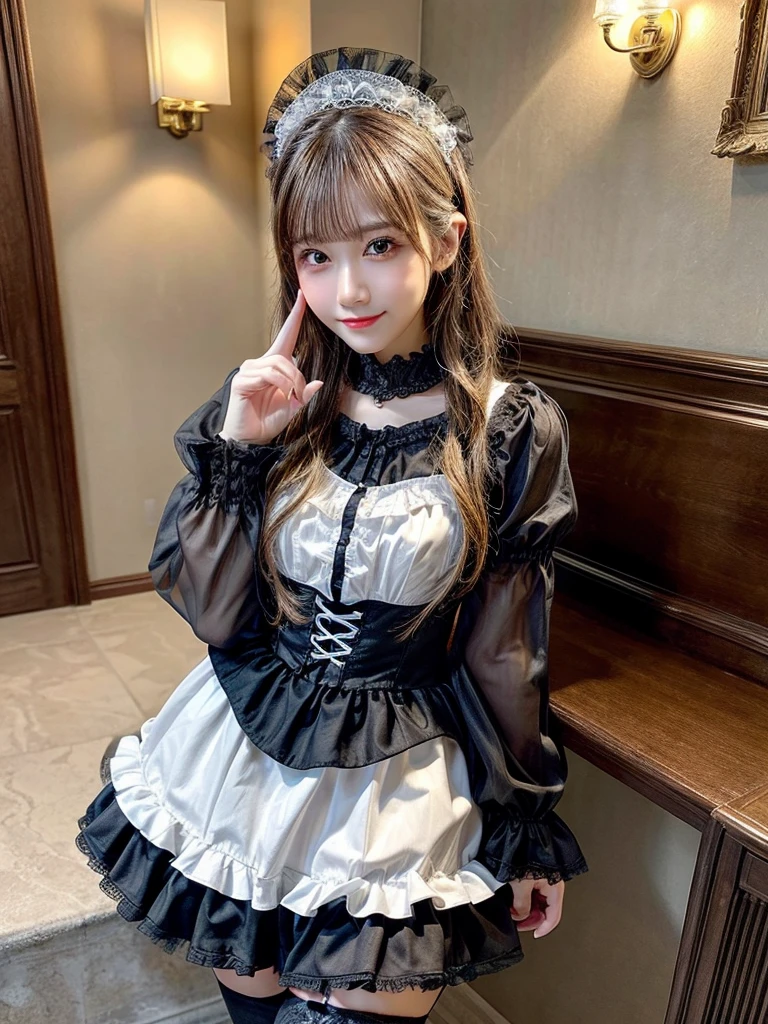 (8k high quality), (2d high quality), (high anime quality), ((beautiful young girl), (beautiful face), (shinning light brown single-braided hair), (beautiful bluish-grey eyes), (shining smooth skin), (beautiful thin eyebrow), (beautiful leather wristwatch), (black & white ruffle armhole single breasted dress), (grinning)