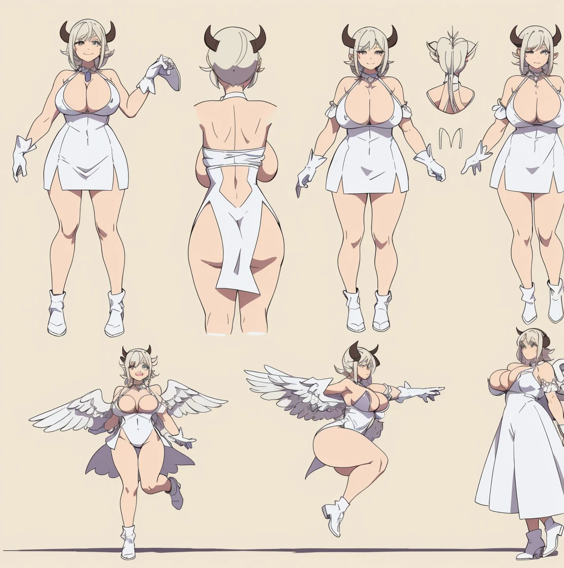 reference sheet, 1girl, (solo:1.2), curvy, (masterpiece:1.2), (best quality:1.2), (perfect anatomy:1.4), (jumping:1.4), (happy:1.2), smile, (large :1.4), (cowboy shot:1.2) lack, anime style, pastel colors, thick semi-traditional lineart, al1, demon horns, white gloves, white dress, bare shoulders, detached collar, cleavagpupils, black wings, feathered wings, low wings