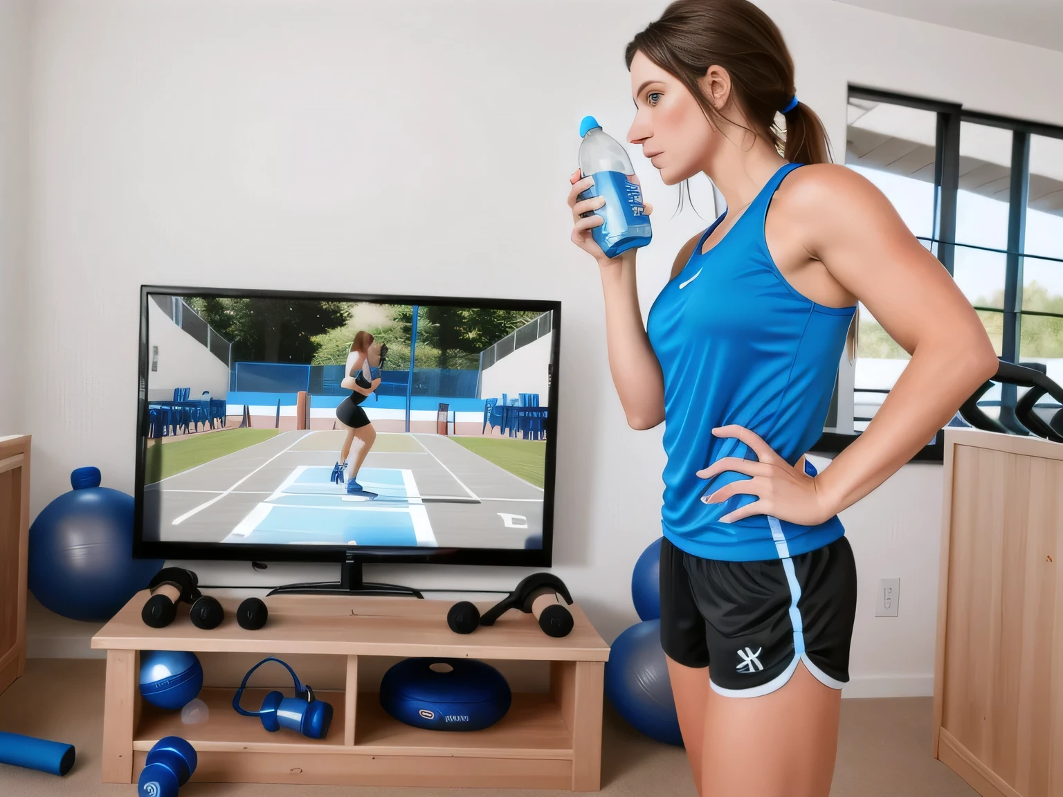 Woman in blue sports t-shirt and black short shorts, holding a bottle of water, profile photo, using gym equipment, fitness body. Full body photo in high resolution and high quality, 8k.