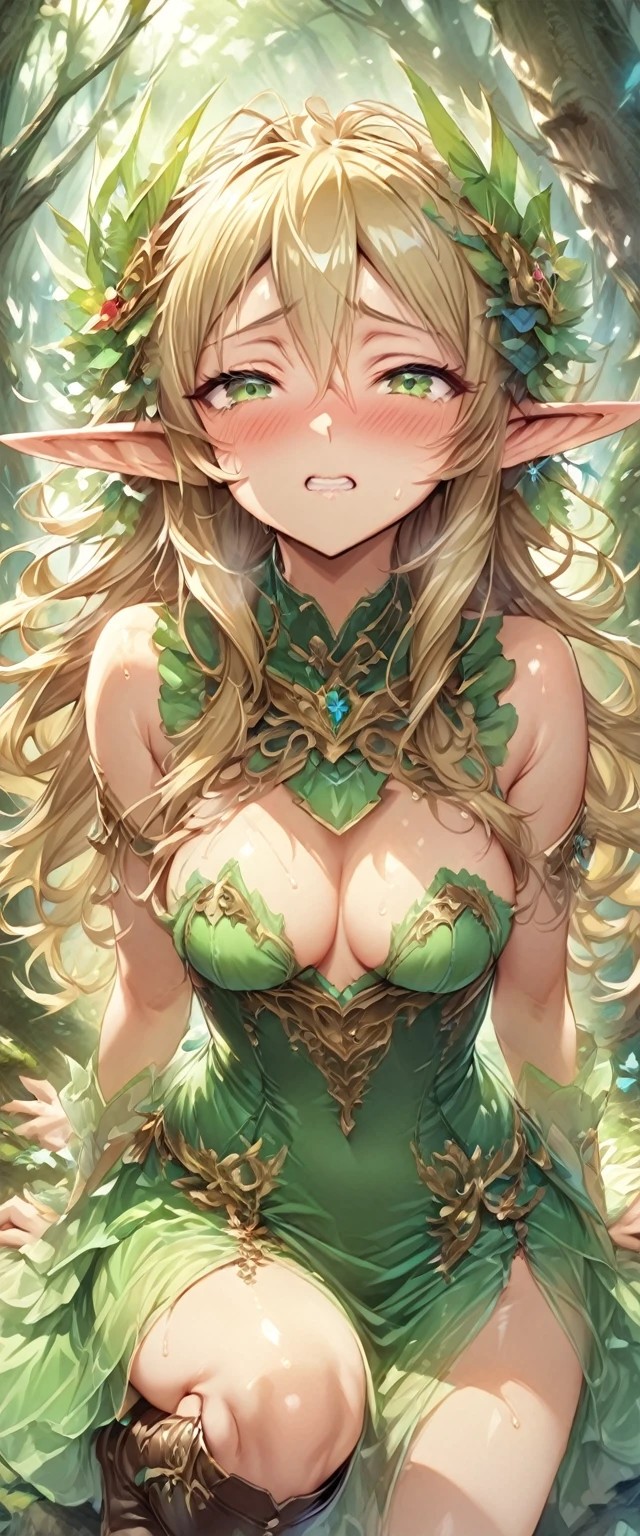 ((masterpiece)), ((best quality)), ((High resolution)), ((Extremely detailed CG unified 8K wallpaper)), ((On a branch deep in the forest:1.3)), ((Elf woman cartoon character, pointed elven ears, blonde wavy hair, green eyes, bare skin:1.2)), Cowboy shooting, Skin is moist and shiny, Wearing a flowing miniskirt and leather armor with gold embellishments, long leather boots, ((tilt head, View from the front:1.2)), ((Squat down)), The expression of holding back from going to the toilet, (Sexual pleasure expression:1.4), (expression of pain:1.2)、close eyes、Blushing face、Eyes half-open and blurry、sexy look、look up、mouth half open、、whole body