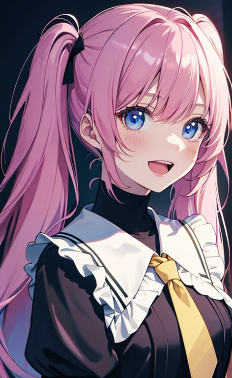 (masterpiece、top-quality、8k size wallpaper、offcial art)、(face focus:1.6,portrait,upper body:1.6)、(1girl),(very loud laugh,Open mouth:1.3),cute face,blue eyes、twintails、
,(stand),
,(sexy body),(school uniform),(long fluorescence pink hair1.3), (small breasts)、
、fluorescence、classroom,JK、