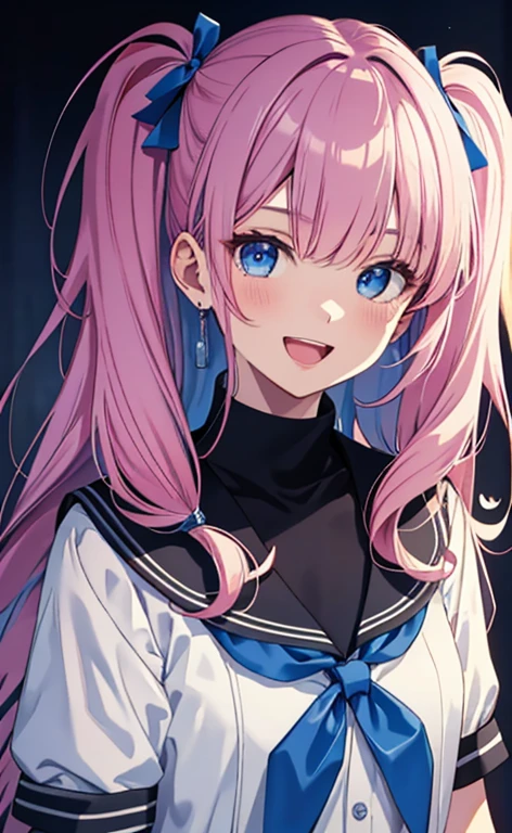 (masterpiece、top-quality、8k size wallpaper、offcial art)、(face focus:1.6,portrait,upper body:1.6)、(1girl),(very loud laugh,Open mouth:1.3),cute face,blue eyes、twintails、
,(stand),
,(sexy body),(school uniform),(long fluorescence pink hair1.3), (small breasts)、
、fluorescence、classroom,JK、
