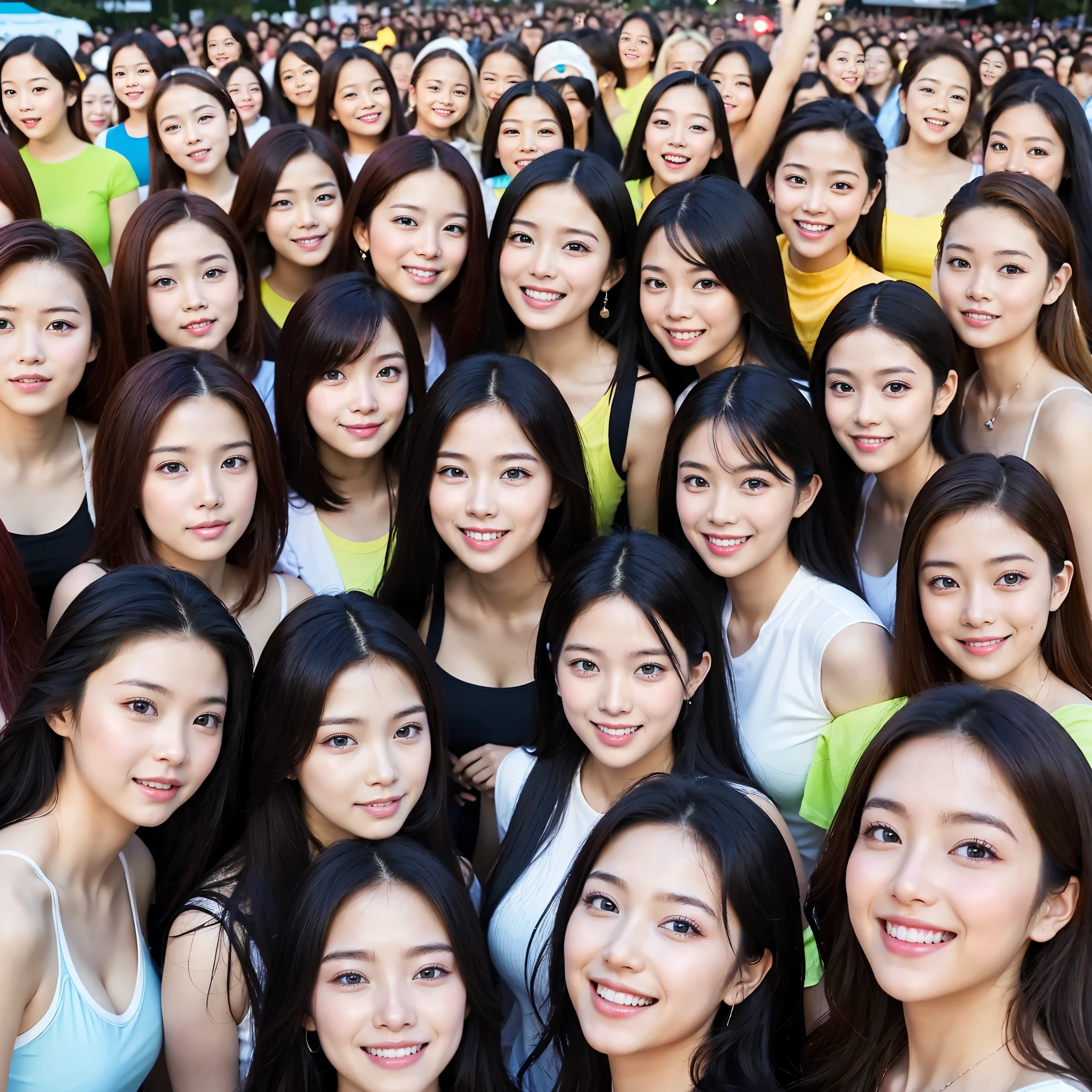 (highest quality、masterpiece、8K、Highest image quality、hyper realism、Award-winning work)、(Group photo of 50 women:1.5)、(Group photo of a large group of women:1.5)、(Group photo of a crowd of women:1.5)、long wavy hair、straight short hair、Curly Hair、Clear, beautiful sky、beautiful thunder clouds、Beautiful grassy park、the biggest smile when you look at me、(accurate anatomy:1.1)、emphasize body line、natural makeup、Super high-definition glossy skin、Super high-definition glowing beautiful skin、Ultra high definition glossy lips、Super high definition beautiful teeth、(Super bright and radiant skin:1.1)、(very bright and vivid:1.1)