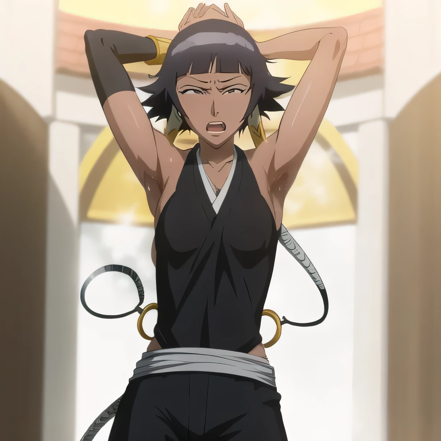 ( Animation screenshots:1.1),outdoor,
1 girl, alone, black hair, side breasts,eternal, short hair with long locks, japanese clothing, - Hip vents, no underwear,short hair, small breasts, (white eyes:1.1),No eyeballs, Also available in black, No headwear,low double braids,Face the audience, looking at the audience, tired, from below, (Show armpits:1.1), ((Armpit:1.2)), Sexy, Sweat dripping, More and more sweat,(ahegao), (Roll your eyes), naughty face, blush, open mouth, Sticking out tongue, saliva, sloppy person,Runny nose,skinny, raise arms, (arms above head:1.5)