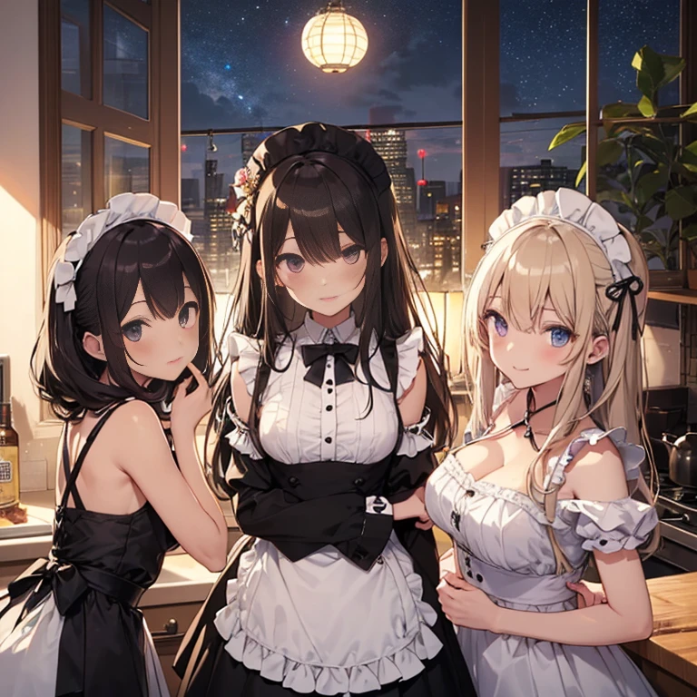 A group of maids, (in kitchen), various hair styles, harem, wearing maid uniform, night, details face, , short skirt, seducing, sleeveless , night, starry night, armpits 