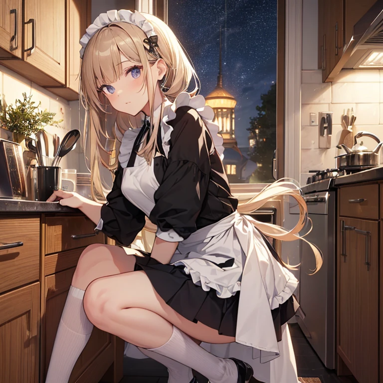 A group of maids, (in kitchen), various hair styles, harem, wearing maid uniform, night, details face, , short skirt, seducing, sleeveless , night, starry night, armpits 
