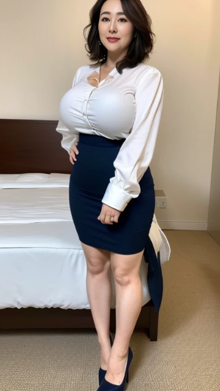 最high quality, 8K, lively, sharp focus, high quality, High resolution, middle-aged women, mature woman, 49 years old,((Full body shot 0.85)) (Full body Esbian), (Detailed face wearing high heels, highly detailed eyes, thick lips, plump body shape、plump face、((big breasts 2.3))、good posture、((On a white blouse))、((navy blue tight skirt))、love hotel room、random hairstyle、gentle smile、