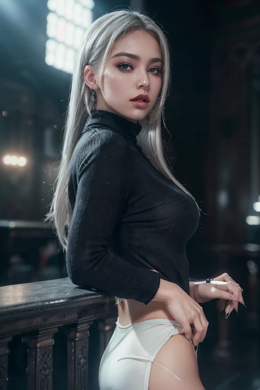 (detailed hair), light on face, huge filesize,cinematic lighting, 1girl,ultra sexy, hyper seductress, seductive make up, dark eyeliner,long white hair, white hair, ((light blush)), ((expressionless eyes)),unashamed, ((firm medium size breasts)),fashi-g, red lips, dark makeup,shirt lift, ((black sweater top, very tight ultra thin fabric)),(black kneehighs, ((looking at viewer, seductive, from below)), Depth of field, high contrast, over exposing, very risky exhibitionism, exquisite makeup, with (medium sized very firm breasts) wearing a short jade halterneck dress, sideboob, in a dark nightclub, turned towards camera, sexy attire, long hair, looking at viewer, Realism, VFX, Volumetric Lighting, Volumetric Light, Volumetric, Natural Lighting, high details, detailed and intricate, intricate details, high intricate details, absurd amount of details, absurdres, high resolution, flashing