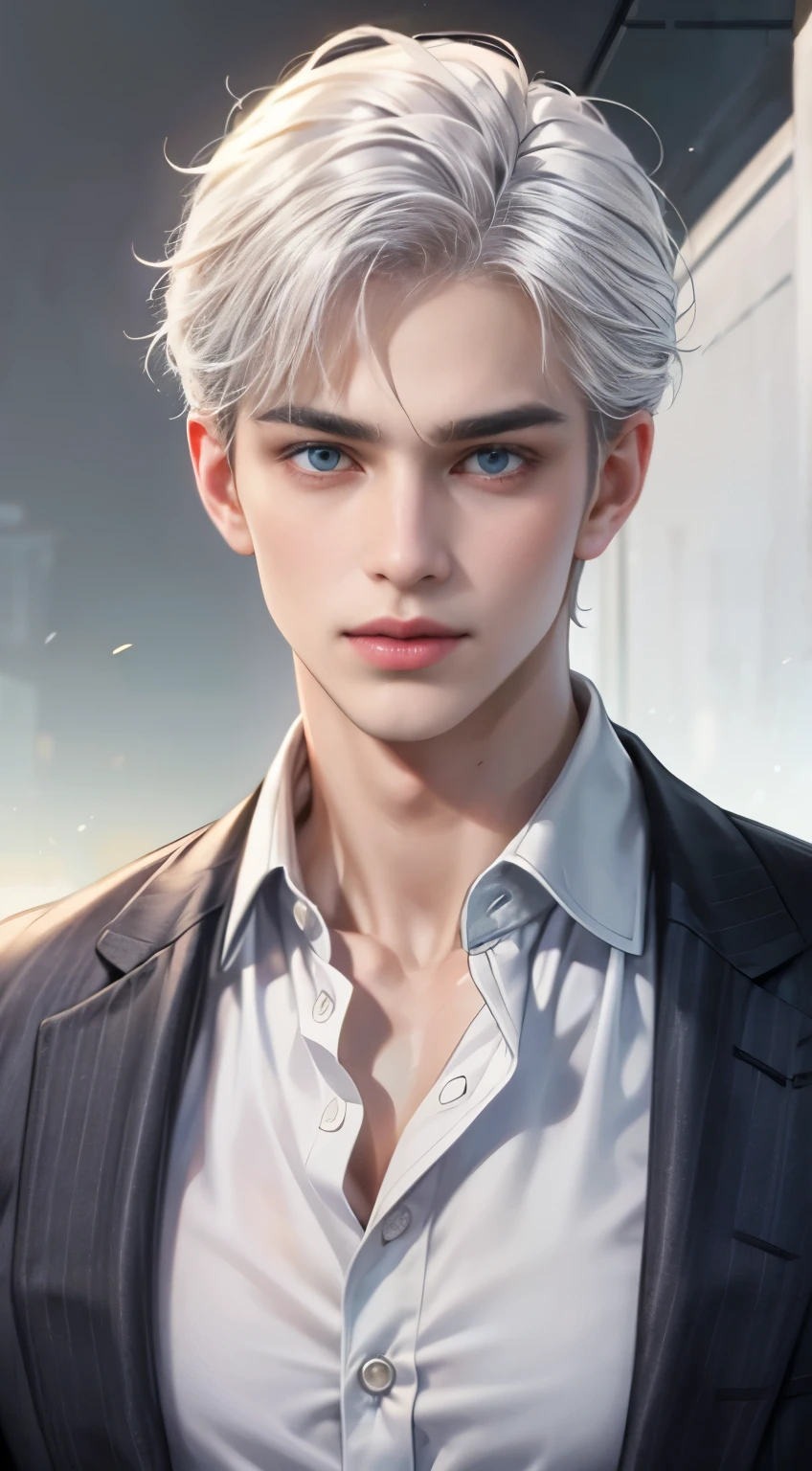 Boy, white hair, blue eyes, sharp features, serious, white skin, pink lips, shirt, formal jacket.